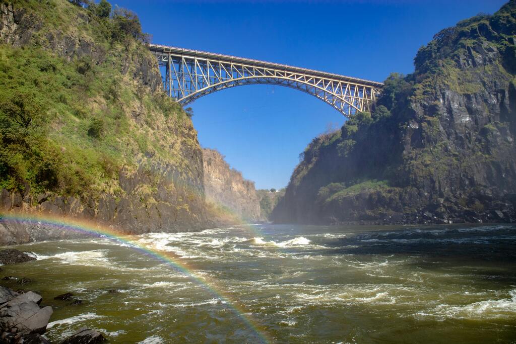 A river view at Victoria falls with rainbow